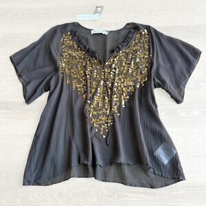 T-Bags Los Angeles Sheer Paillette Blouse Gold Grey Flutter Sleeve V-Neck S NWT